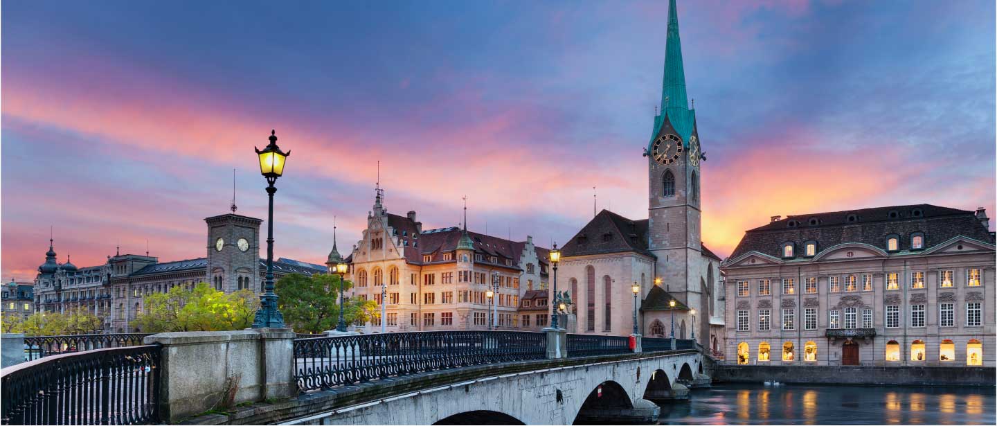 Sunset over the town of Zurich in Switzerland. The home of one of our Santa Fe Relocation offices.
